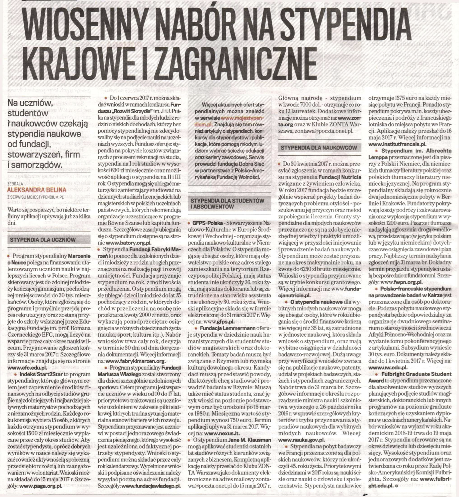Gazeta Wyborcza. Wiosenny nabor na stypendia krajowe i zagraniczne